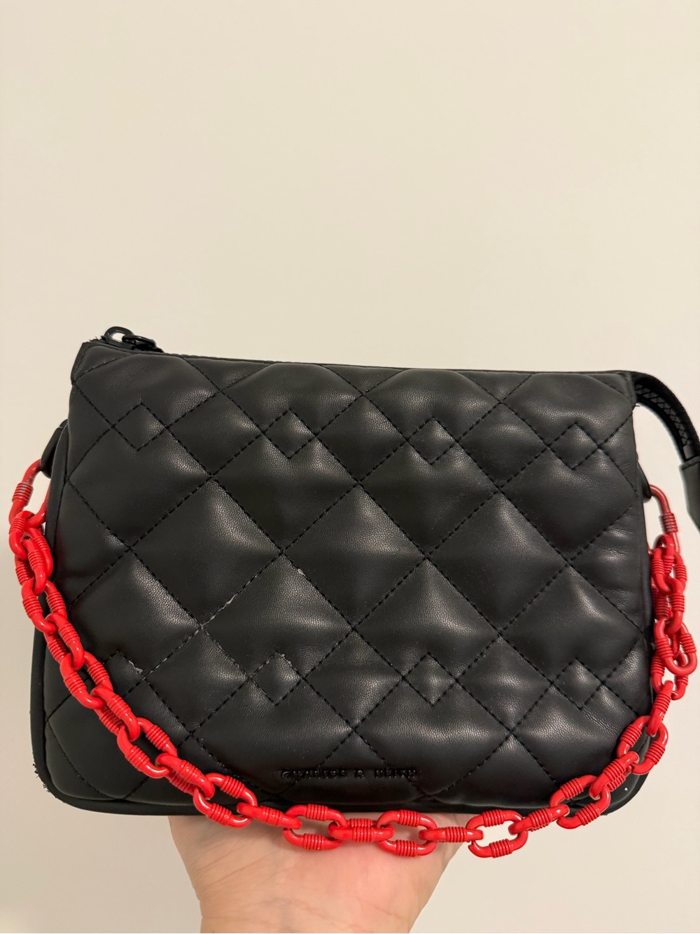Charles & Keith Black Quilted Crossbody with Red Chain